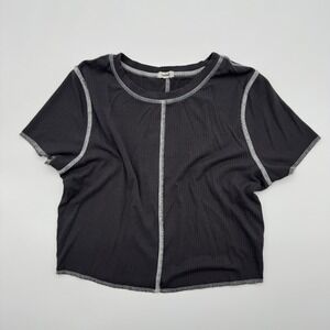 Garage Womens Ribbed Crop Top Charcoal Grey White Exposed Seam Baby Tee Large